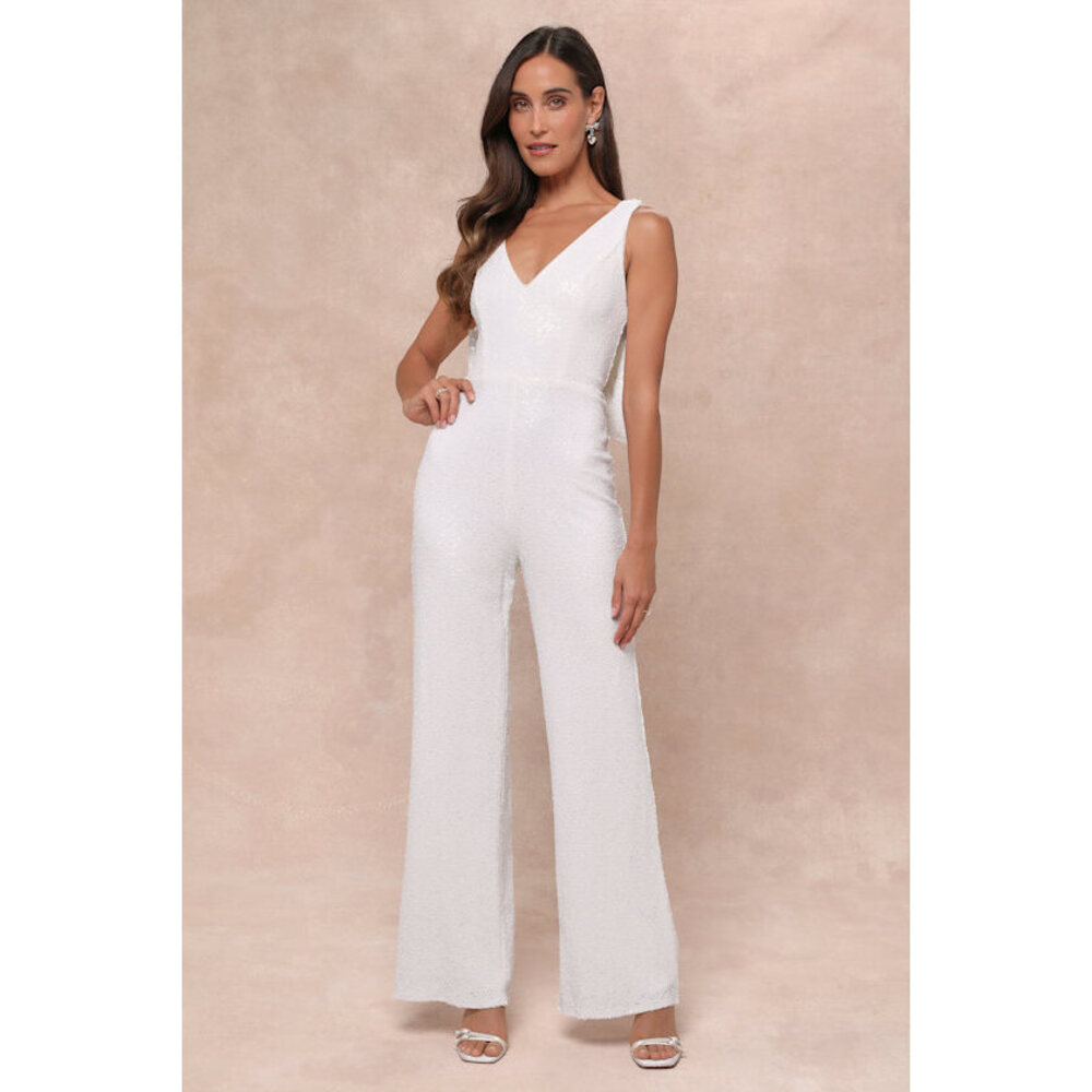 Lulus Feeling Sparkly White Sequin Bow Wide-leg Jumpsuit - Size XS